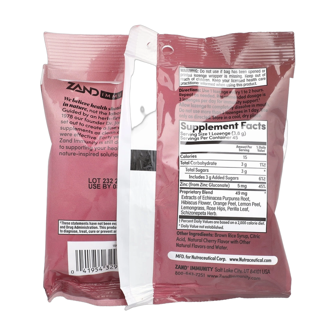 Zand, Immunity, Cherry Echinacea Zinc, Natural, 45 Lozenges back packaging view