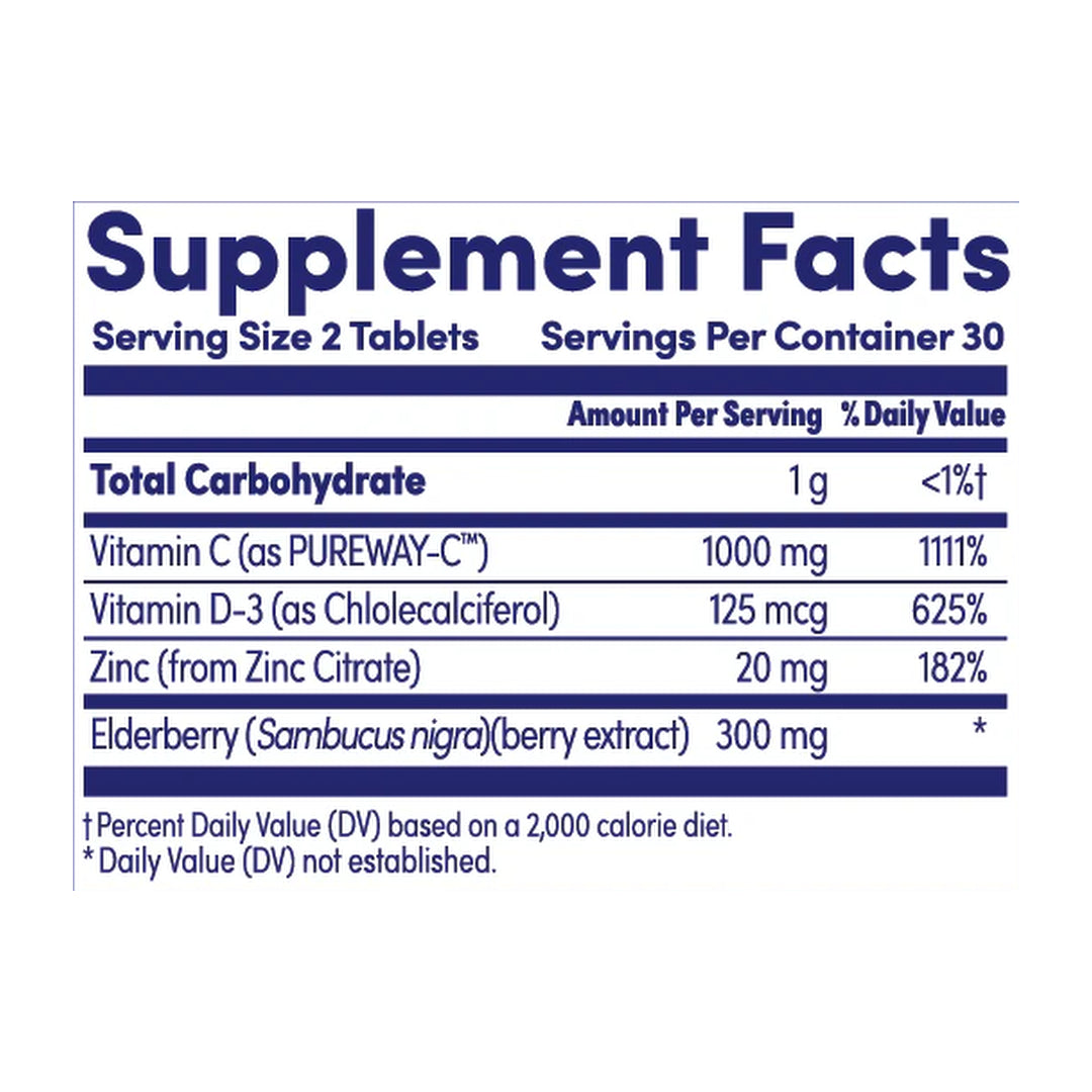 Zand, Immunity, Super C+ Elderberry with Zinc, Vitamin D3, 60 Tablets supplement facts label showing ingredients, vitamins, minerals, and serving information