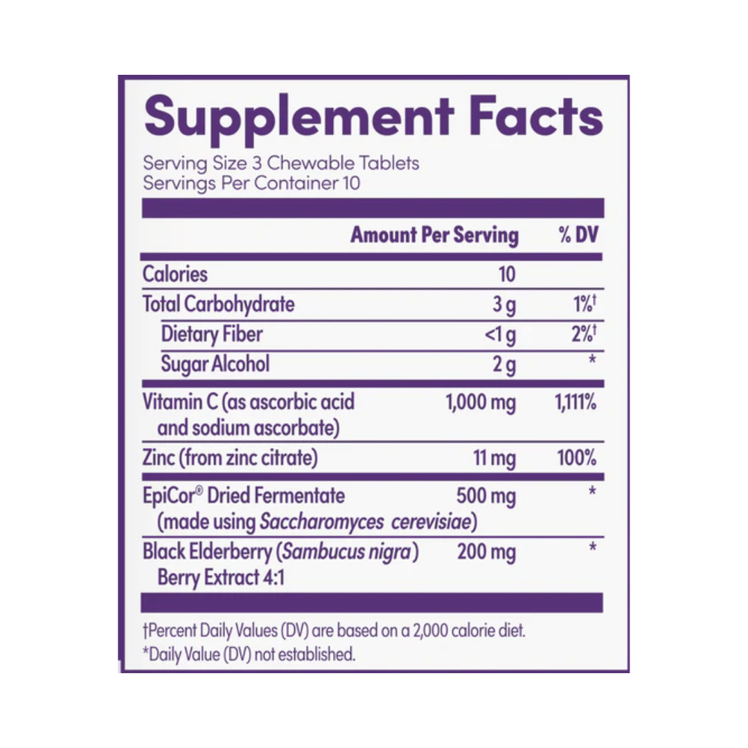 Zand, Immunity, Immune Fast, Sweet Elderberry, 30 Chewable Tablets supplement facts label showing ingredients, vitamins, minerals, and serving information
