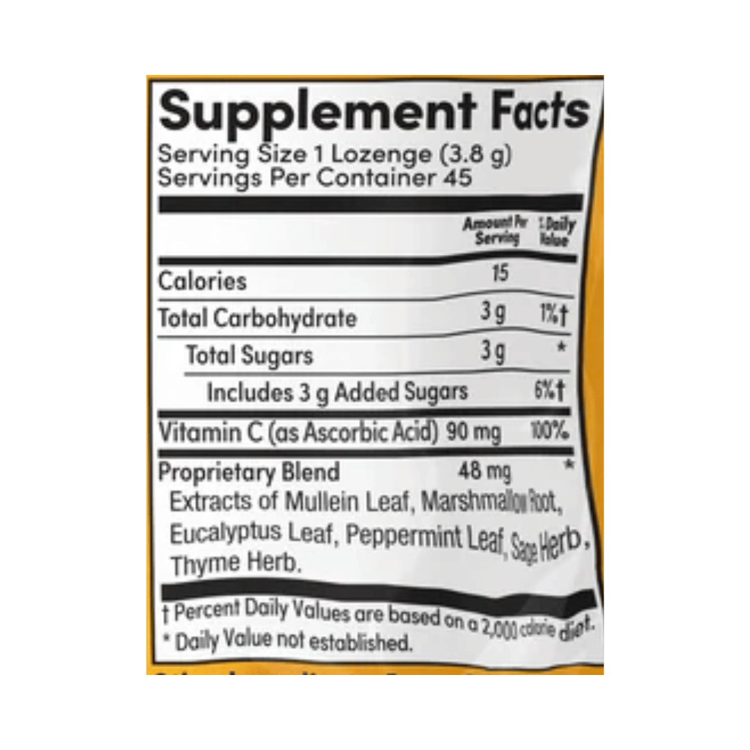 Zand, Immunity™, Lemon Honey Lozenges, 45 Lozenges supplement facts label showing ingredients, vitamins, minerals, and serving information