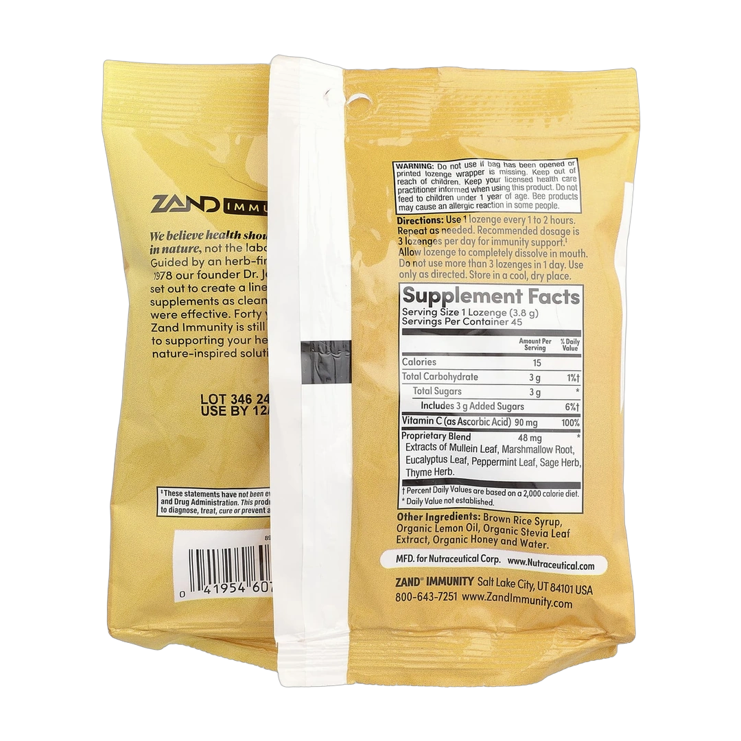 Zand, Immunity, Lemon Honey Lozenges, 45 Lozenges back packaging view