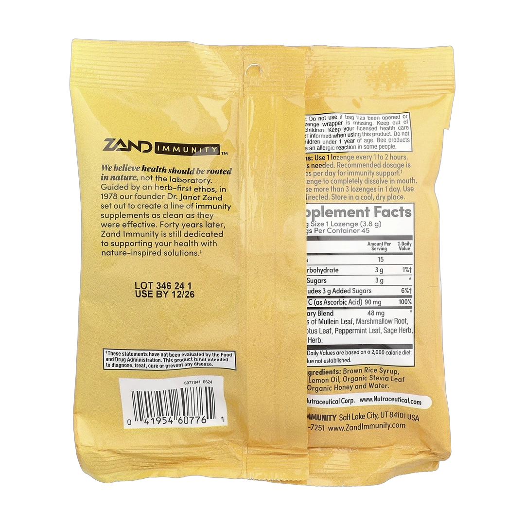 Zand, Immunity, Lemon Honey Lozenges, 45 Lozenges packaging side view