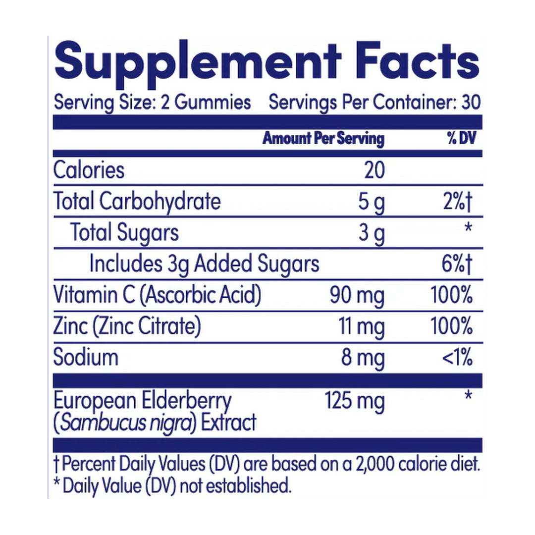 Zand, Immunity™, Elderberry Zinc with Vitamin C, 60 Gummies supplement facts label showing ingredients, vitamins, minerals, and serving information