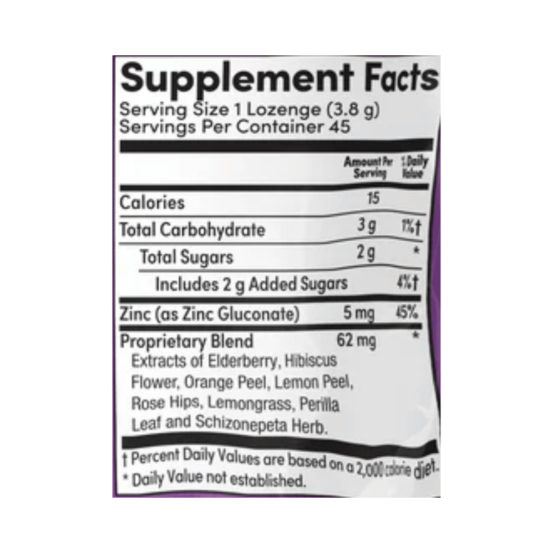 Zand, Immunity, Elderberry Zinc, Natural, 45 Lozenges supplement facts label showing ingredients, vitamins, minerals, and serving information