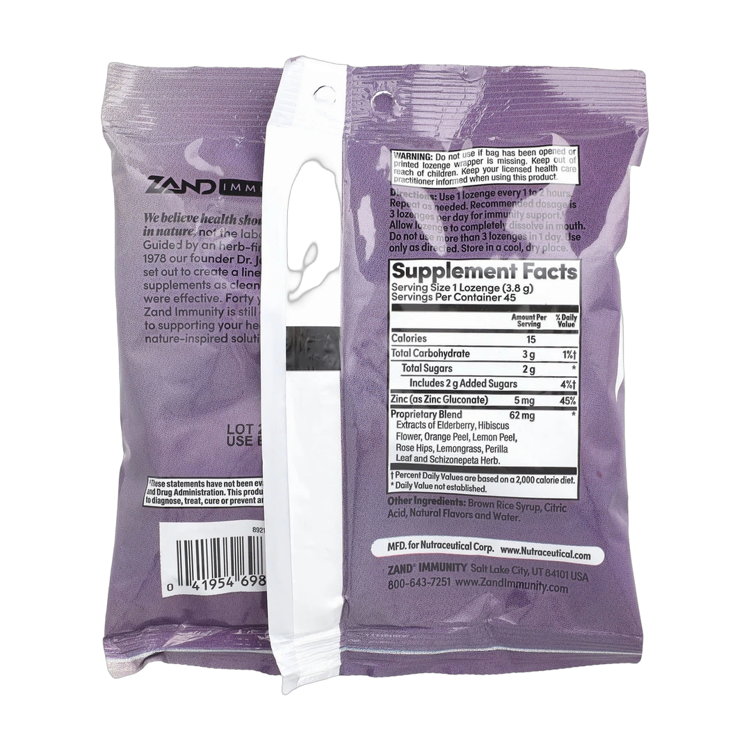 Zand, Immunity, Elderberry Zinc, Natural, 45 Lozenges back packaging view