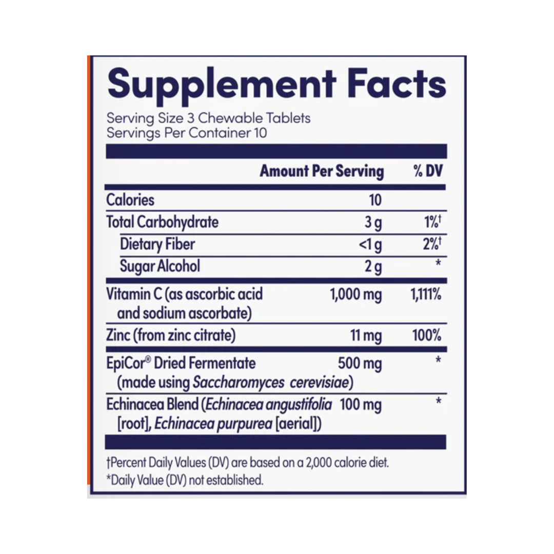 Zand, Immune Fast, Zesty Orange, 30 Chewable Tablets supplement facts label showing ingredients, vitamins, minerals, and serving information