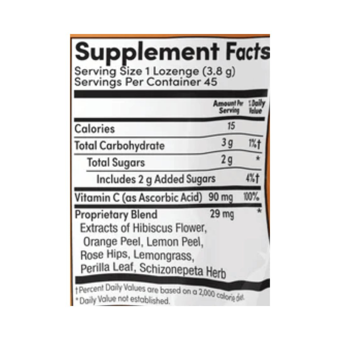 Zand, Immunity, Orange C, Natural, 45 Lozenges supplement facts label showing ingredients, vitamins, minerals, and serving information