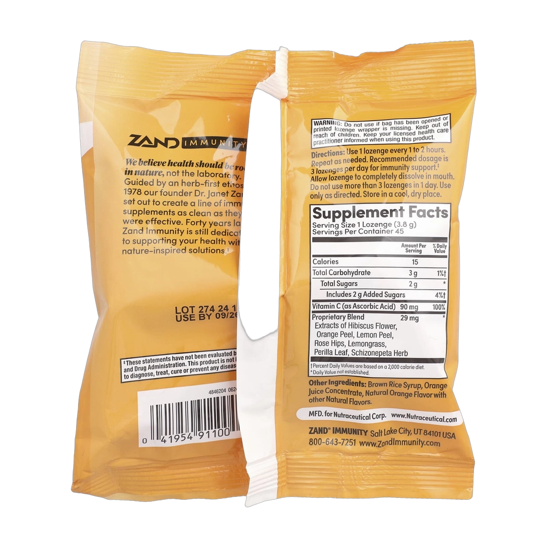 Zand, Immunity, Orange C, Natural, 45 Lozenges back packaging view