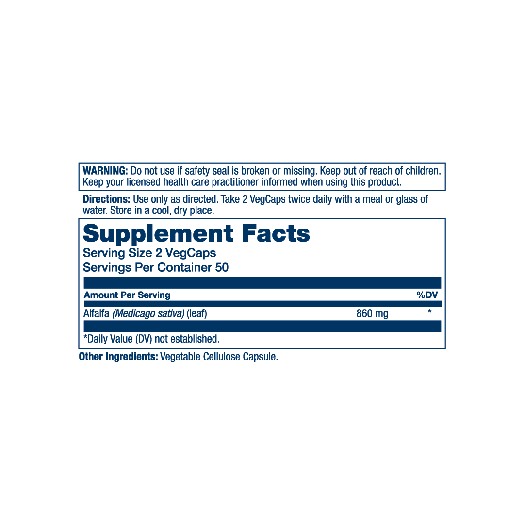 Solaray, Alfalfa Leaf 860 mg, 60 Capsules supplement facts label showing ingredients, vitamins, minerals, and serving information