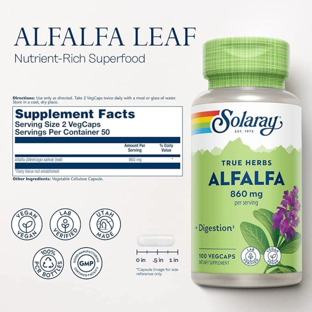 Solaray, Alfalfa Leaf 860 mg, 60 Capsules back packaging view