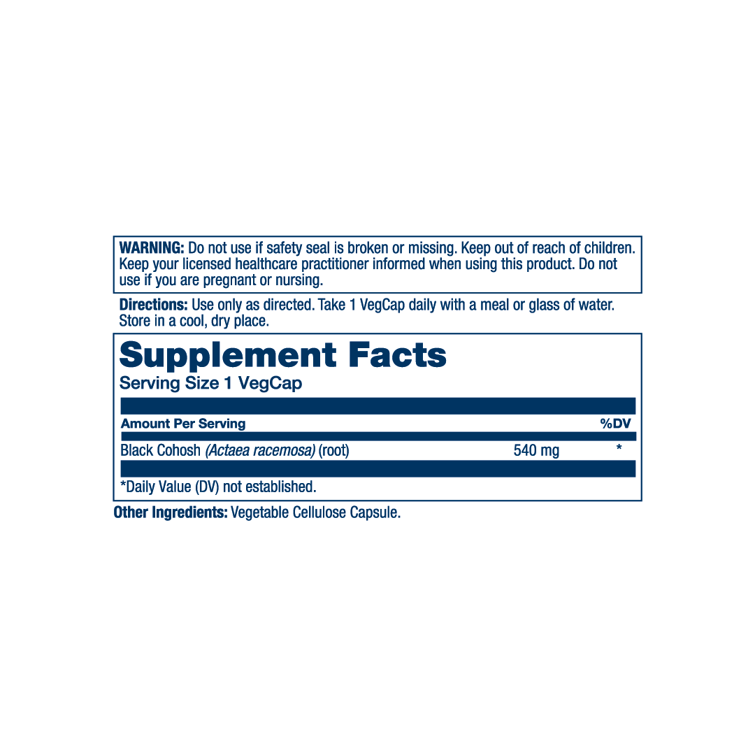 Solaray, True Herbs, Black Cohosh, 540 mg , 100 VegCaps supplement facts label showing ingredients, vitamins, minerals, and serving information