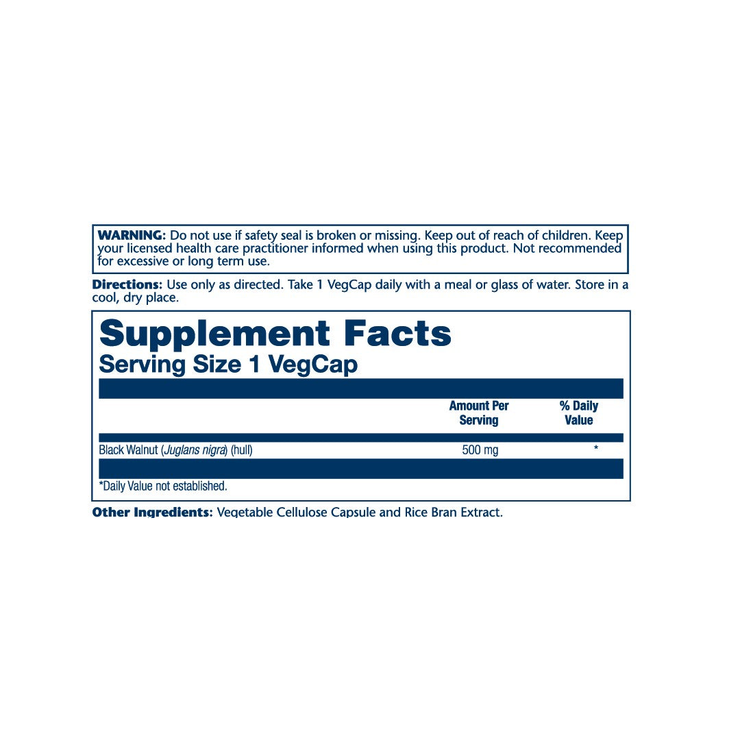 Solaray, True Herbs, Black Walnut, 500 mg, 100 VegCaps supplement facts label showing ingredients, vitamins, minerals, and serving information