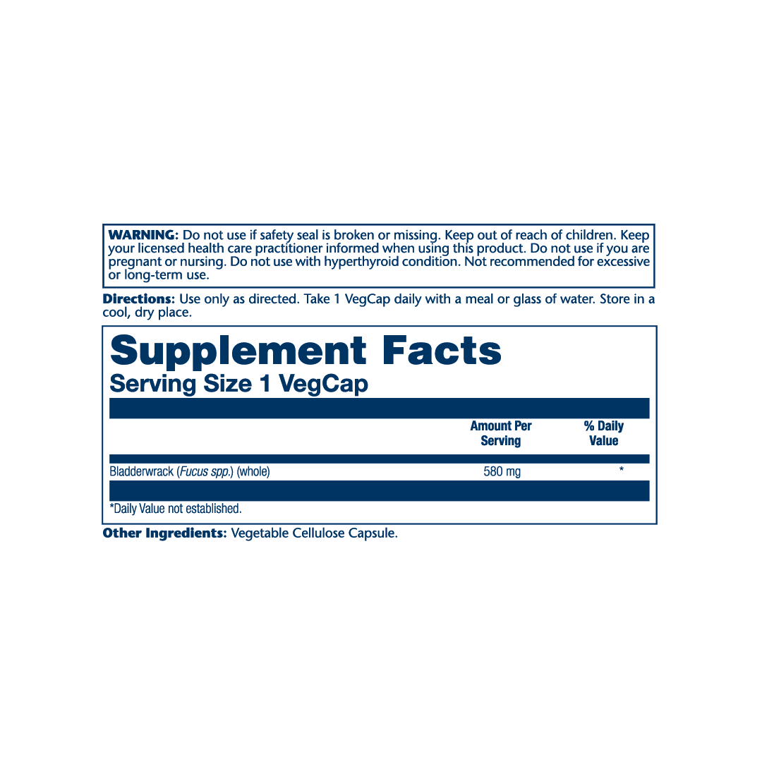 Solaray, True Herbs, Bladderwrack, 580 mg, 100 VegCaps supplement facts label showing ingredients, vitamins, minerals, and serving information