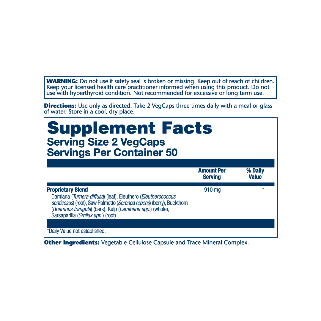 Solaray, Hormone Blend SP-1™, 100 VegCaps supplement facts label showing ingredients, vitamins, minerals, and serving information