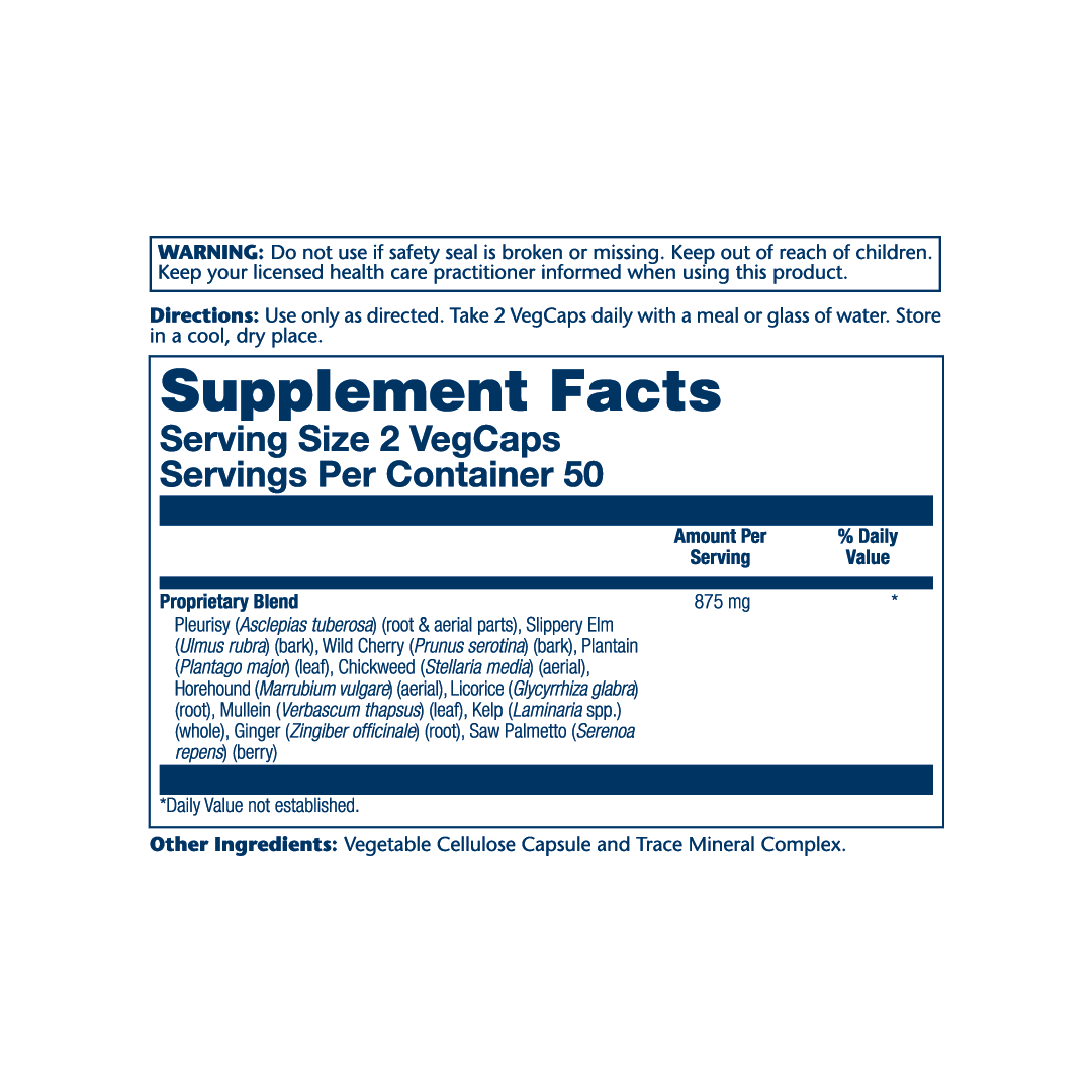 Solaray, Respiration Blend SP-3, 100 VegCaps supplement facts label showing ingredients, vitamins, minerals, and serving information
