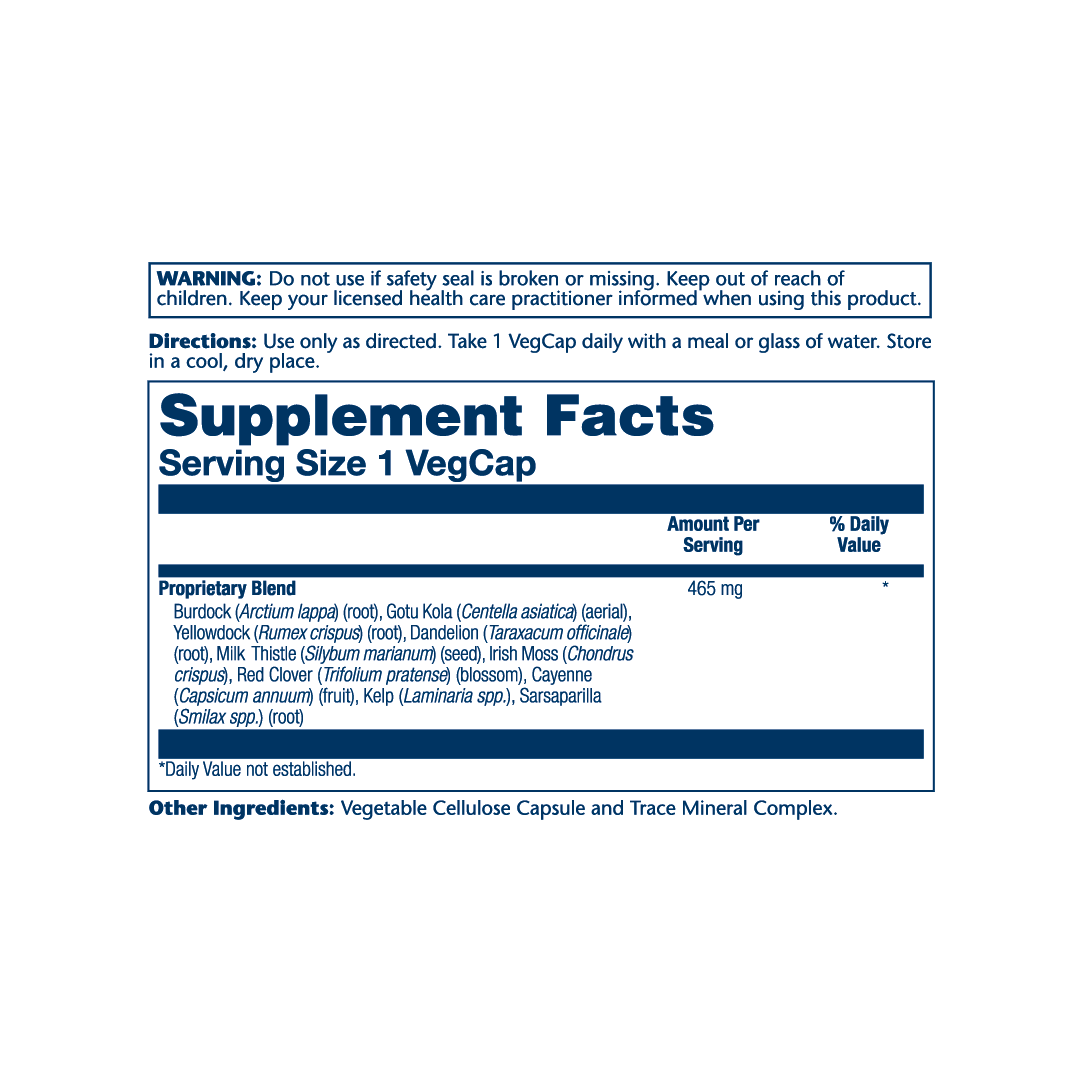 Solaray, Skin Blend, SP-4™, 100 VegCaps supplement facts label showing ingredients, vitamins, minerals, and serving information