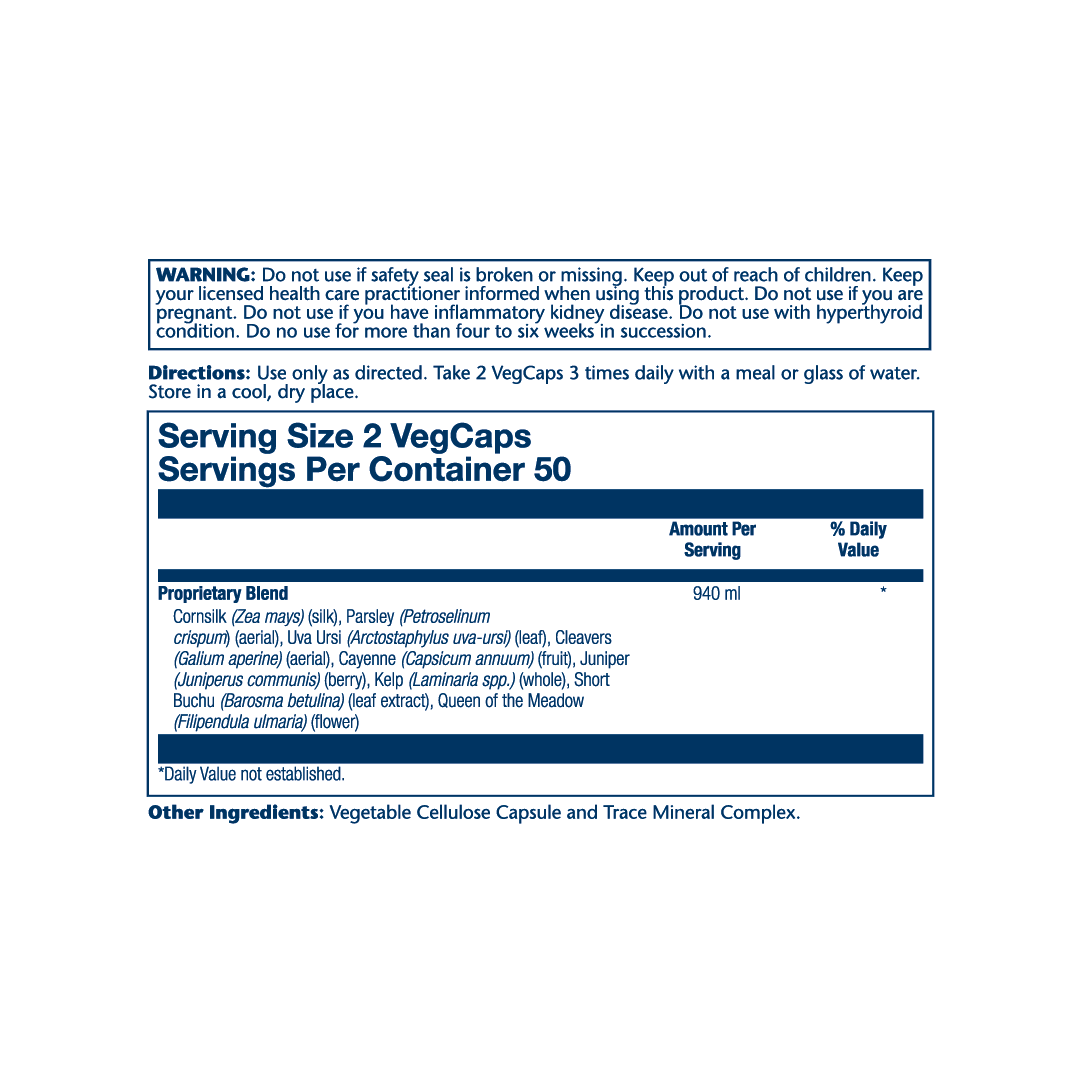 Solaray, Kidney Blend SP-6™, 100 VegCaps supplement facts label showing ingredients, vitamins, minerals, and serving information
