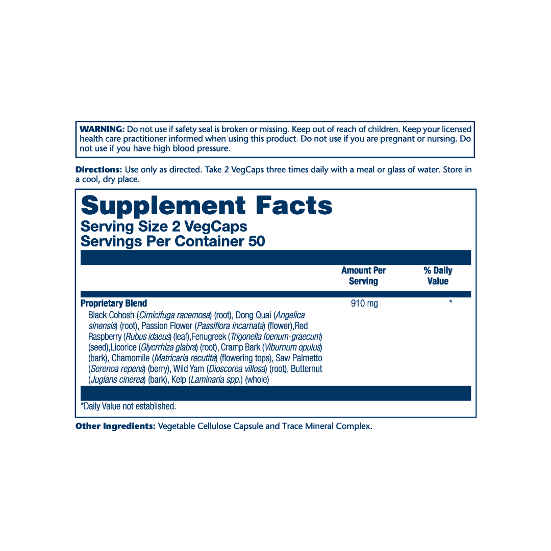 Solaray, Female Hormone Blend SP-7C™, 100 VegCaps supplement facts label showing ingredients, vitamins, minerals, and serving information