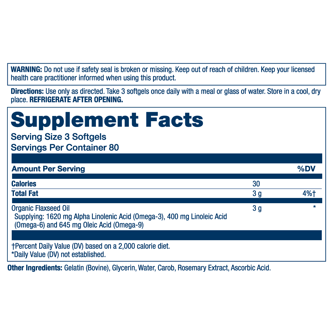 Solaray, Flaxseed Oil, 100 Softgels supplement facts label showing ingredients, vitamins, minerals, and serving information