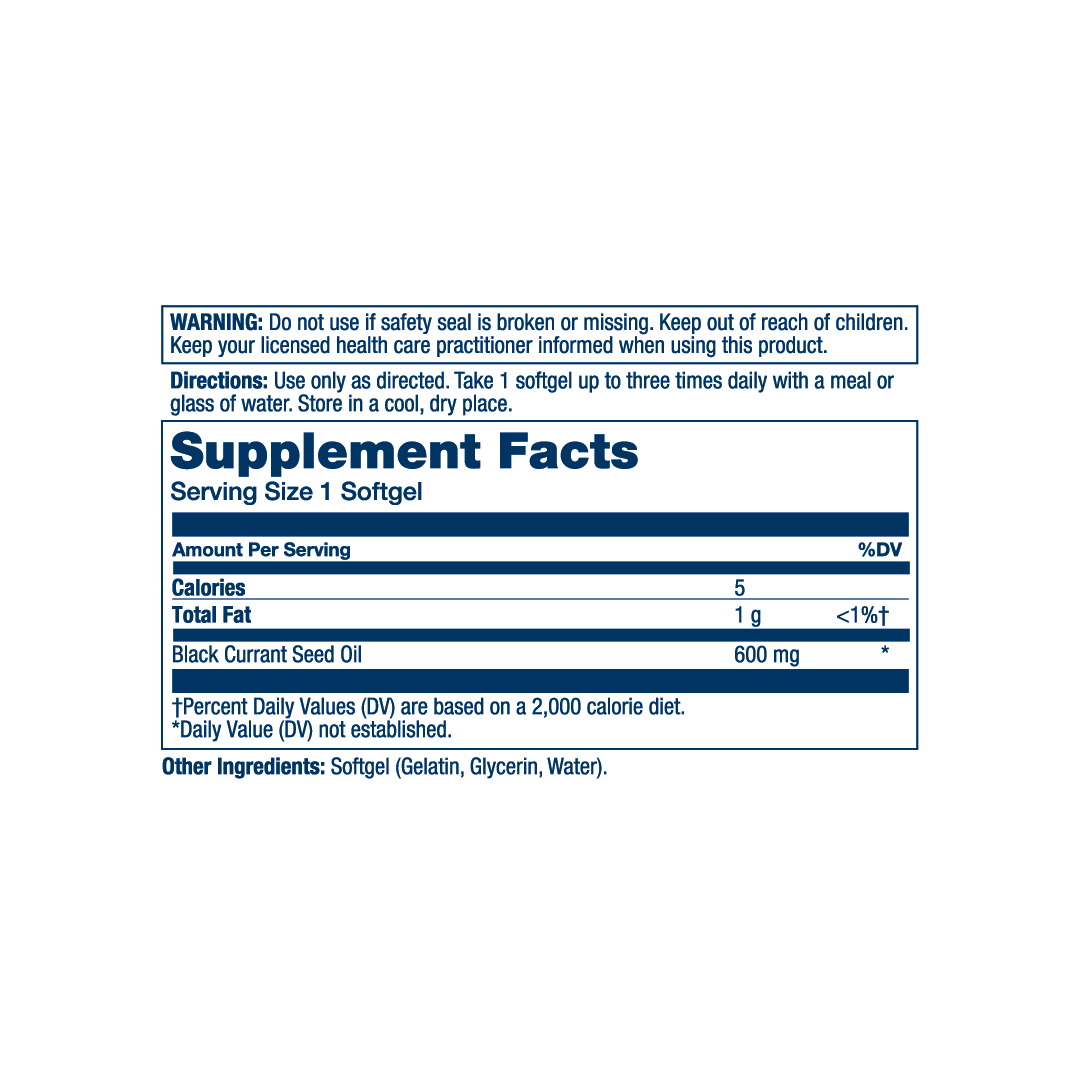 Solaray, Black Currant Seed Oil, 600 mg, 90 Softgels supplement facts label showing ingredients, vitamins, minerals, and serving information
