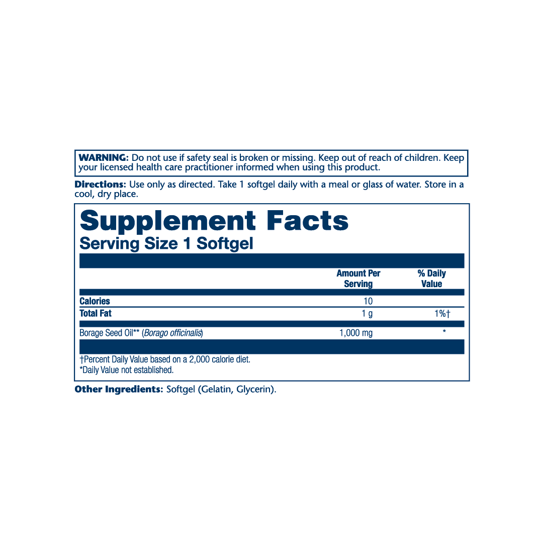 Solaray, Borage Seed Oil, 1,000 mg, 50 Softgels supplement facts label showing ingredients, vitamins, minerals, and serving information