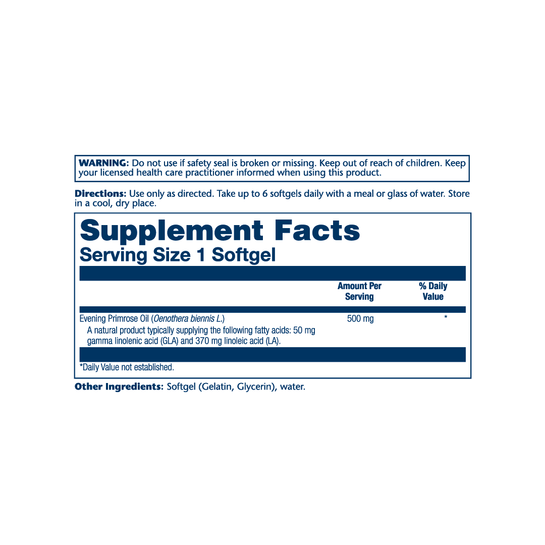 Solaray, Plant Sourced Evening Primrose Oil, 500 mg, 90 Softgels supplement facts label showing ingredients, vitamins, minerals, and serving information