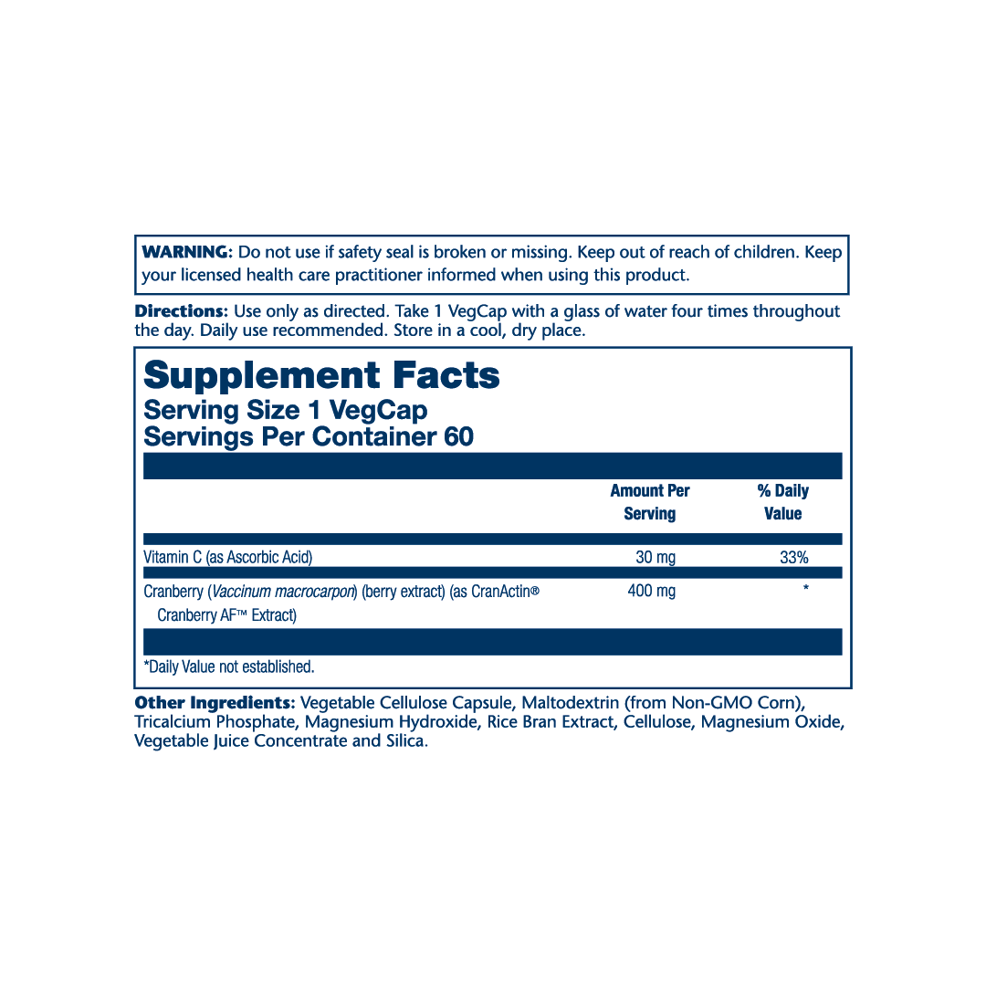 Solaray, CranActin®, Urinary Tract Health, 120 VegCaps supplement facts label showing ingredients, vitamins, minerals, and serving information