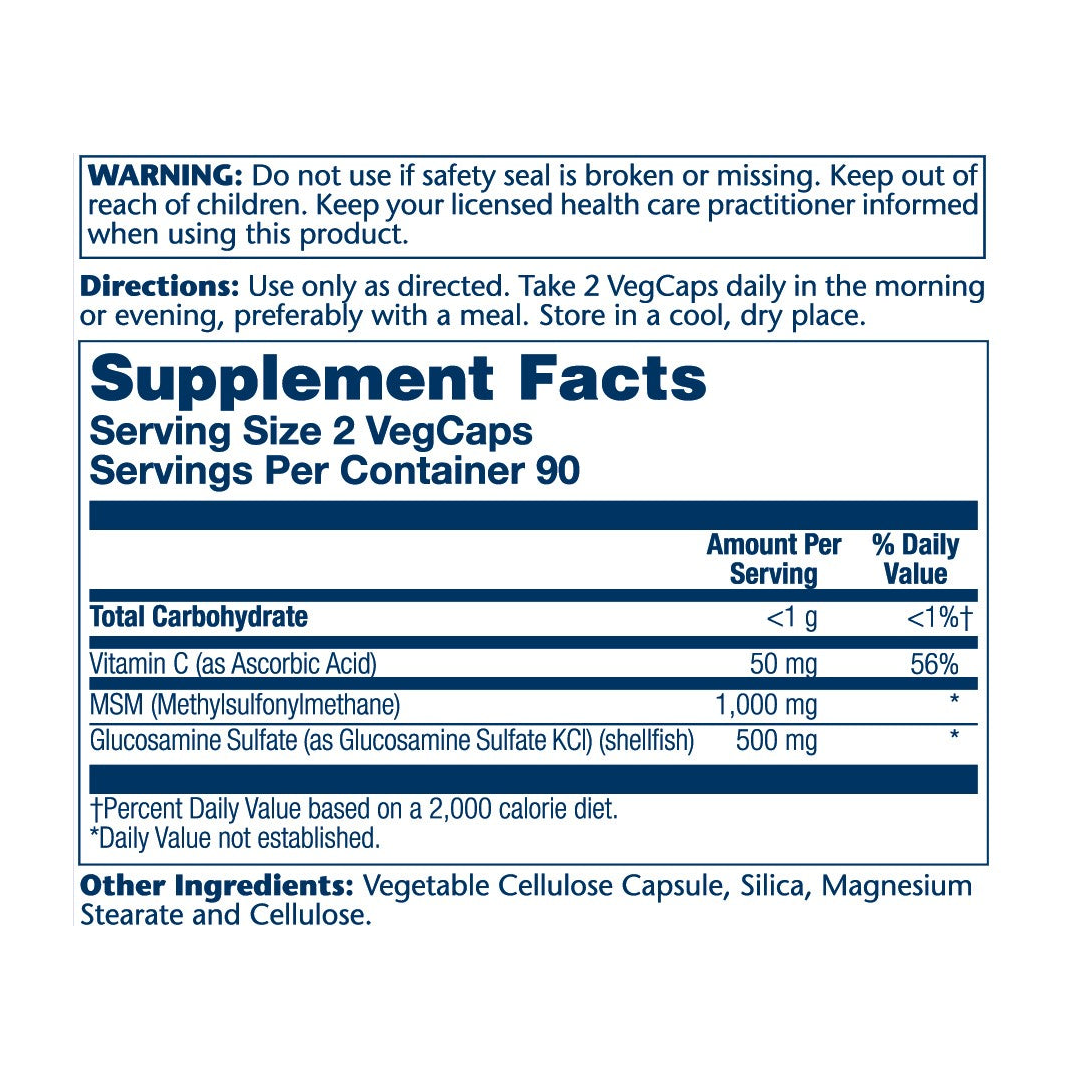 Solaray, MSM & Glucosamine, 180 VegCaps supplement facts label showing ingredients, vitamins, minerals, and serving information