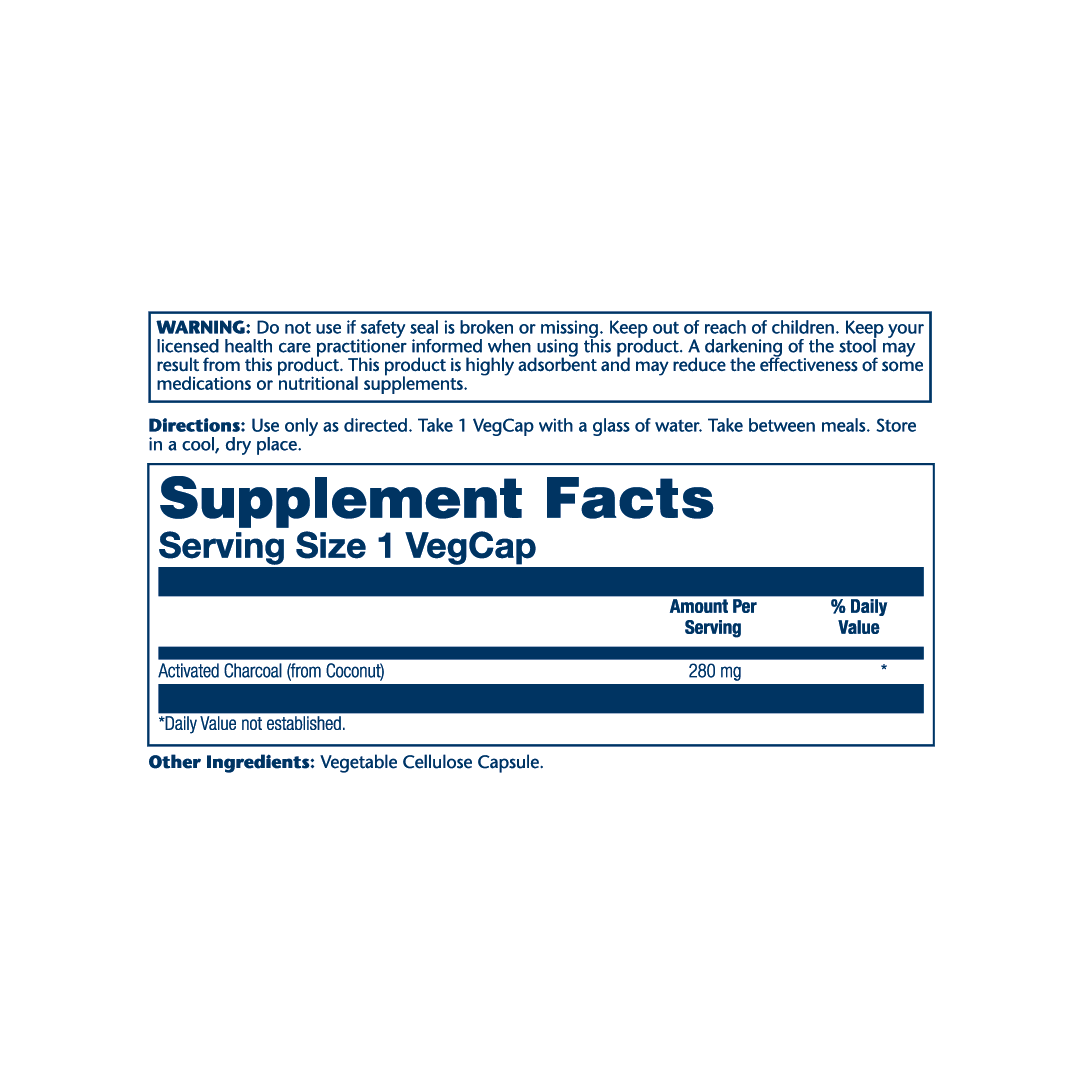 Solaray, Activated Charcoal, 280 mg, 90 VegCaps supplement facts label showing ingredients, vitamins, minerals, and serving information