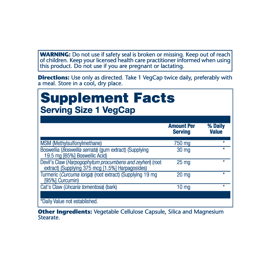 Solaray, MSM with Turmeric, Boswellia & Devil's Claw, 750 mg, 90 VegCaps supplement facts label showing ingredients, vitamins, minerals, and serving information
