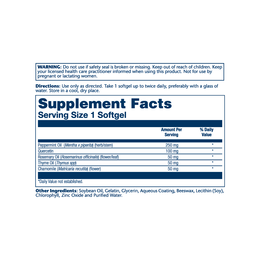 Solaray, Enteric Coated Peppermint Oil With Rosemary & Thyme Oil, 60 Softgels supplement facts label showing ingredients, vitamins, minerals, and serving information