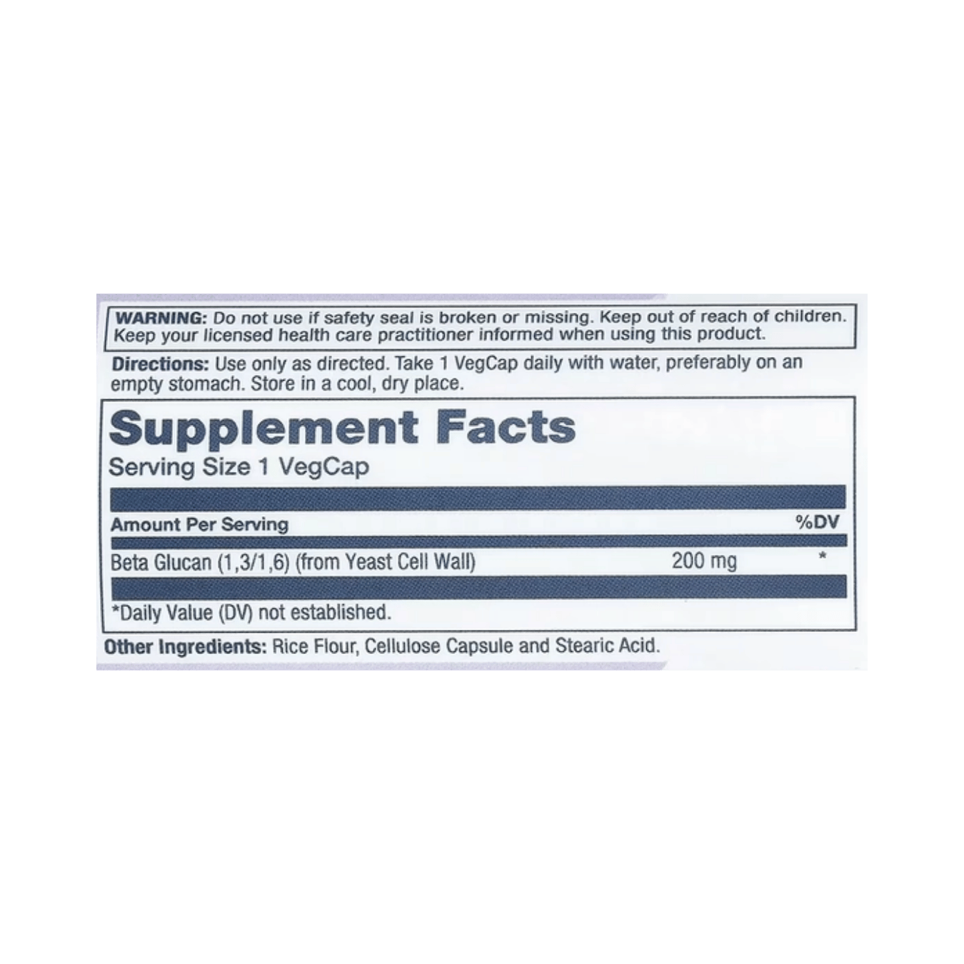 Solaray, Beta Glucan, High Potency, 200 mg, 30 VegCaps supplement facts label showing ingredients, vitamins, minerals, and serving information