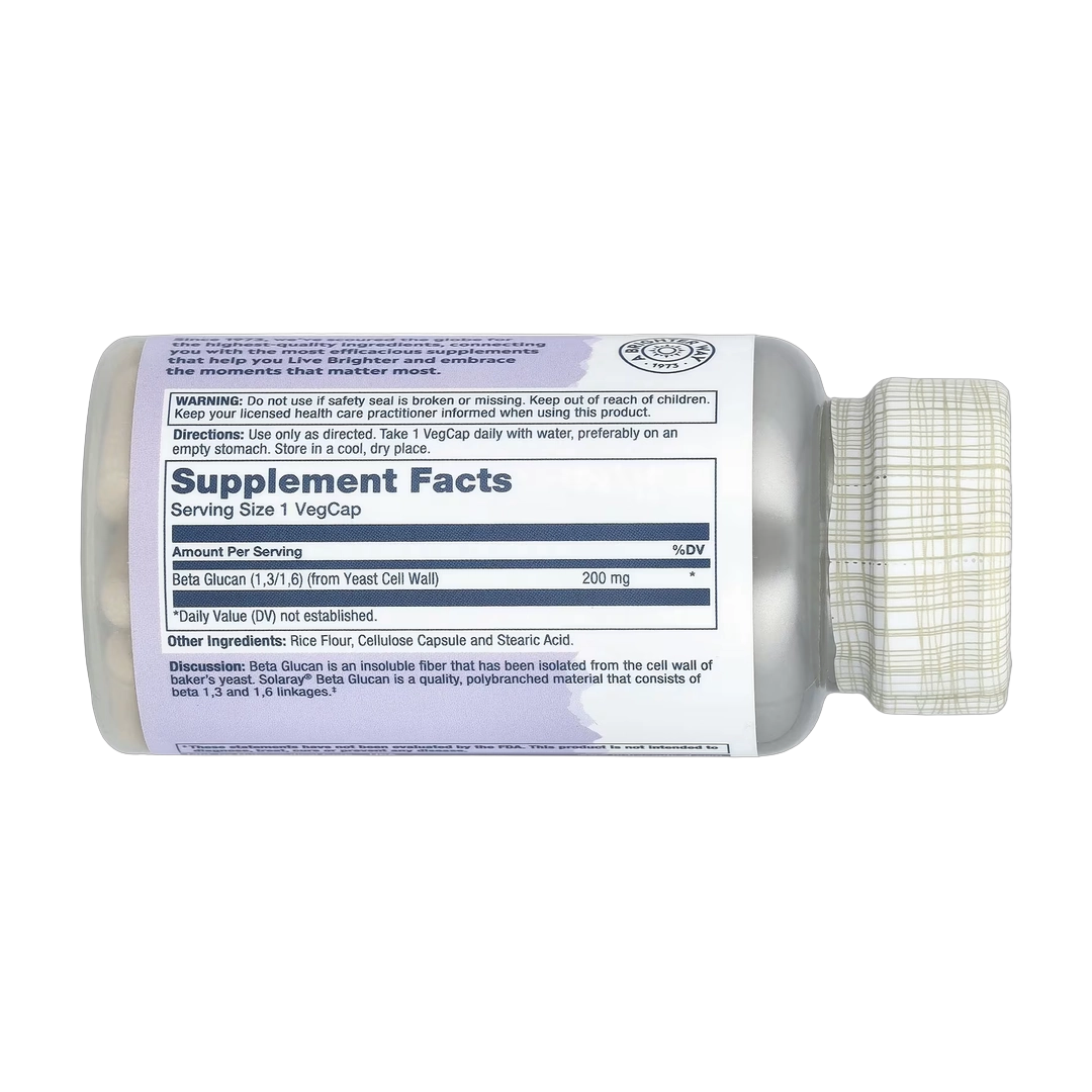 Solaray, Beta Glucan, High Potency, 200 mg, 30 VegCaps back packaging view