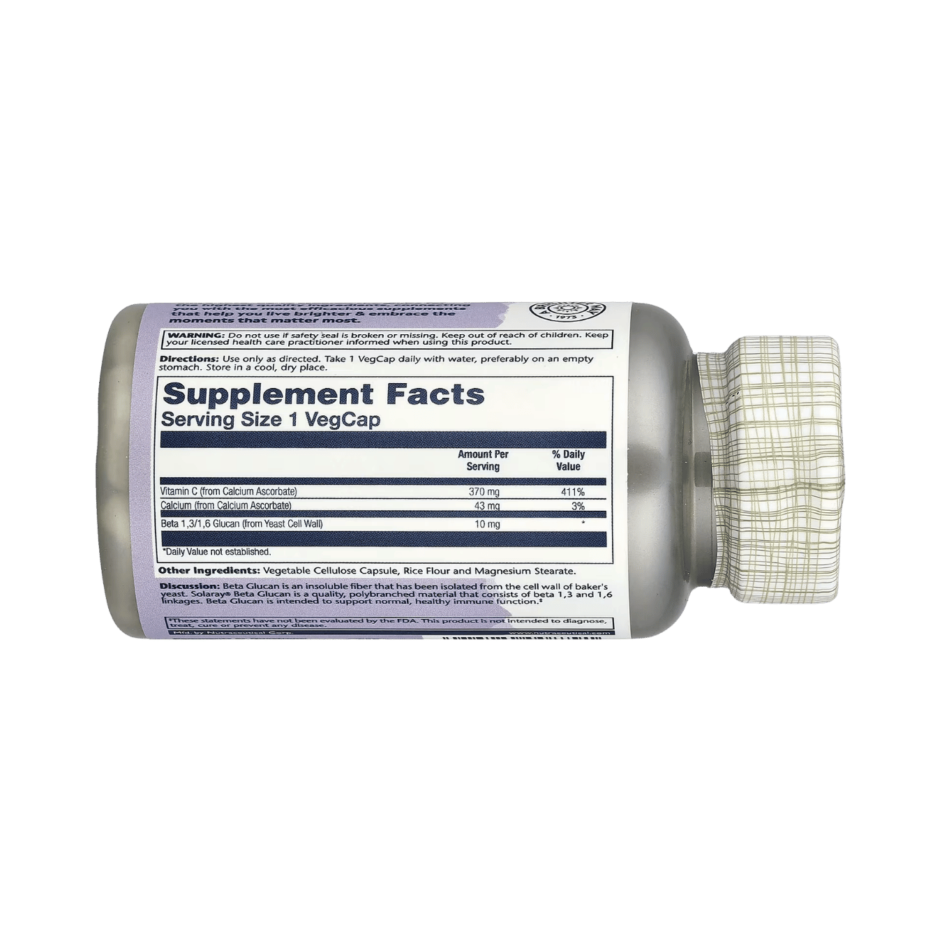 Solaray, Beta Glucan with Vitamin C, 60 VegCaps back packaging view