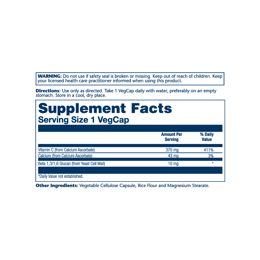 Solaray, Beta Glucan with Vitamin C, 60 VegCaps supplement facts label showing ingredients, vitamins, minerals, and serving information