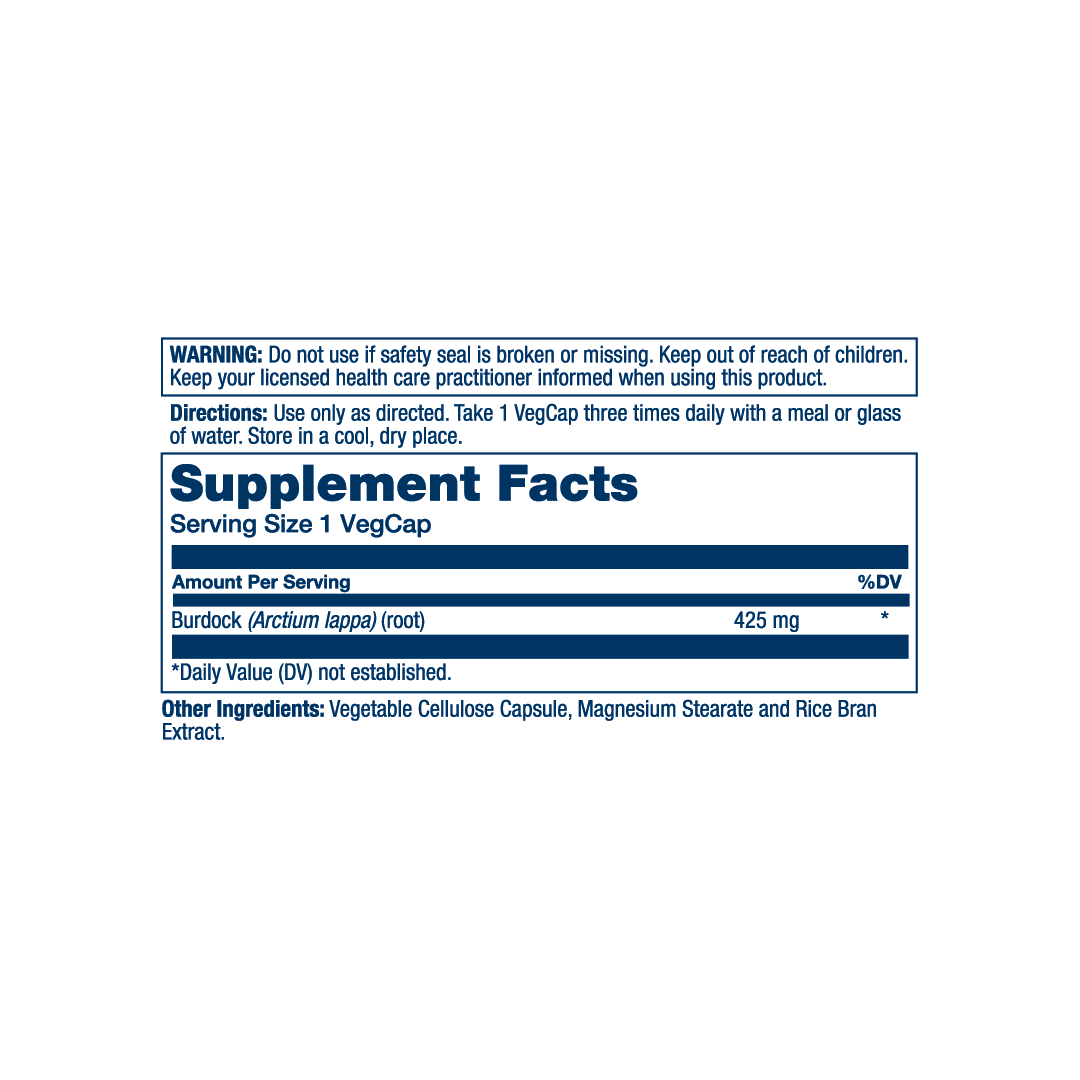Solaray, True Herbs, Burdock, 425 mg, 100 VegCaps supplement facts label showing ingredients, vitamins, minerals, and serving information