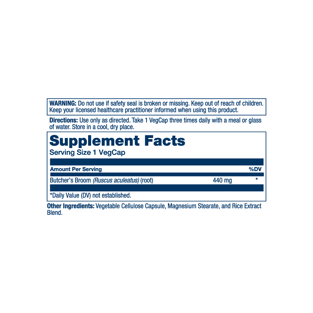 Solaray, True Herbs, Butcher's Broom, 440 mg, 100 VegCaps supplement facts label showing ingredients, vitamins, minerals, and serving information