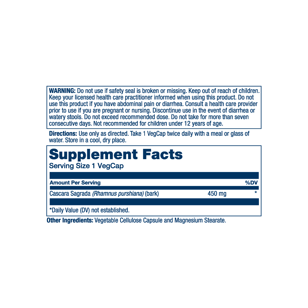 Solaray, True Herbs, Cascara Sagrada, 450 mg, 180 VegCaps supplement facts label showing ingredients, vitamins, minerals, and serving information