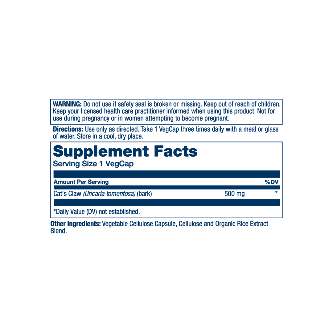 Solaray, True Herbs, Cat's Claw, 500 mg, 100 VegCaps supplement facts label showing ingredients, vitamins, minerals, and serving information
