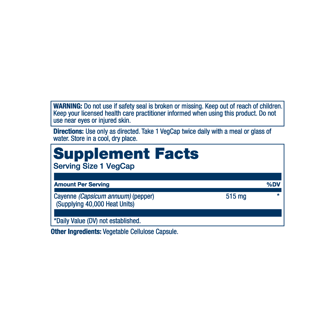 Solaray, True Herbs, Cayenne, 515 mg, 100 VegCaps supplement facts label showing ingredients, vitamins, minerals, and serving information