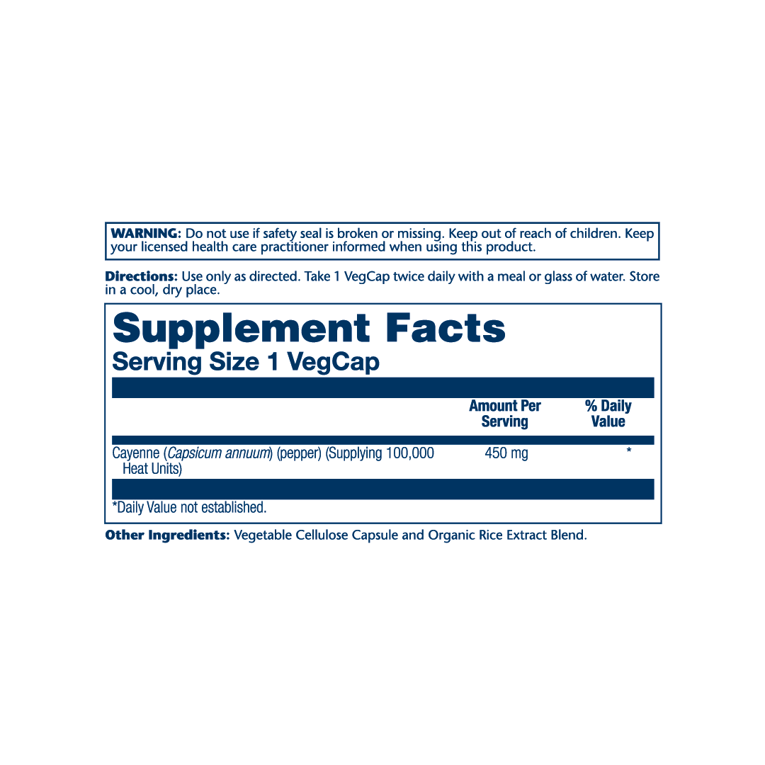 Solaray, True Herbs, Cayenne , 450 mg, 100 Vegcaps supplement facts label showing ingredients, vitamins, minerals, and serving information