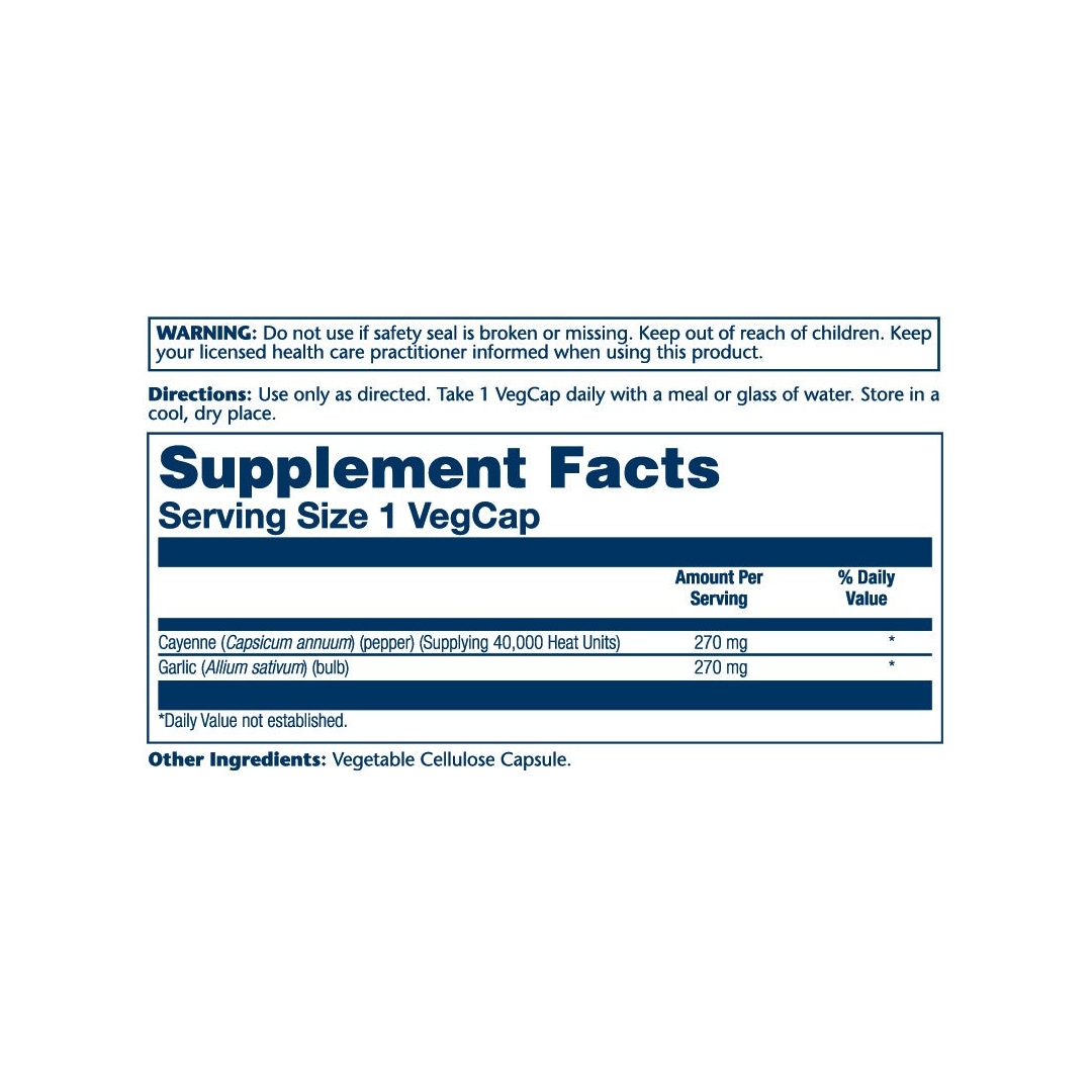 Solaray, True Herbs, Cayenne Garlic, 100 VegCaps supplement facts label showing ingredients, vitamins, minerals, and serving information