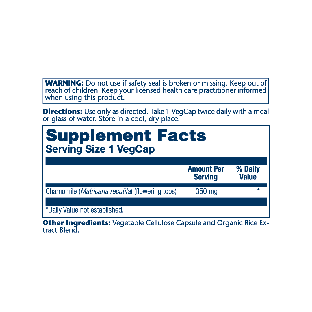 Solaray, True Herbs, Chamomile, 350 mg , 100 VegCaps supplement facts label showing ingredients, vitamins, minerals, and serving information