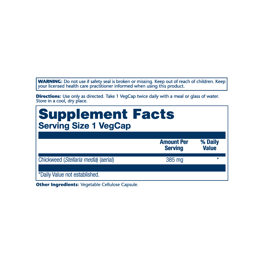 Solaray, True Herbs, Chickweed, 385 mg, 100 VegCaps supplement facts label showing ingredients, vitamins, minerals, and serving information
