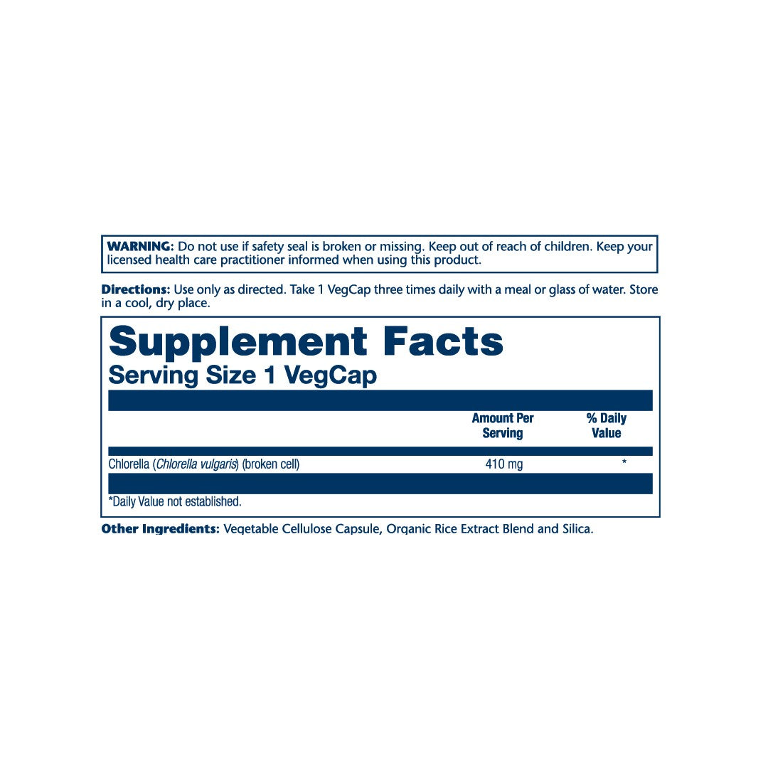 Solaray, Broken Cell Chlorella, 410 mg, 100 VegCaps supplement facts label showing ingredients, vitamins, minerals, and serving information