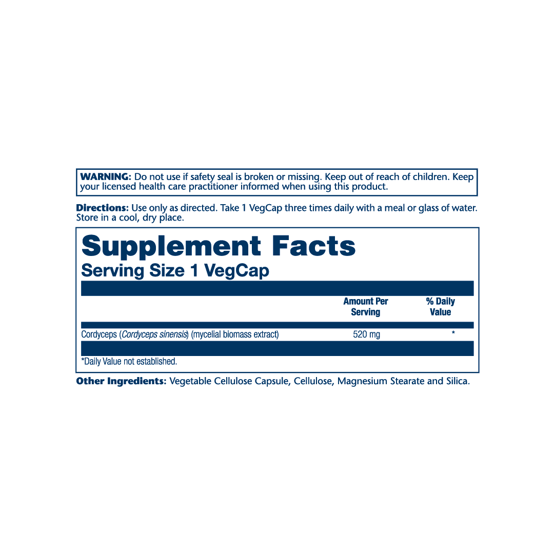 Solaray, Cordyceps Mushrooms, 520 mg, 100 VegCaps supplement facts label showing ingredients, vitamins, minerals, and serving information