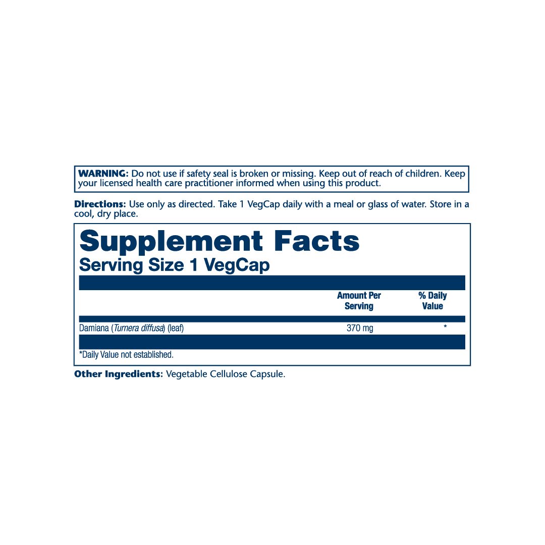Solaray, True Herbs, Damiana, 370 mg , 100 VegCaps supplement facts label showing ingredients, vitamins, minerals, and serving information