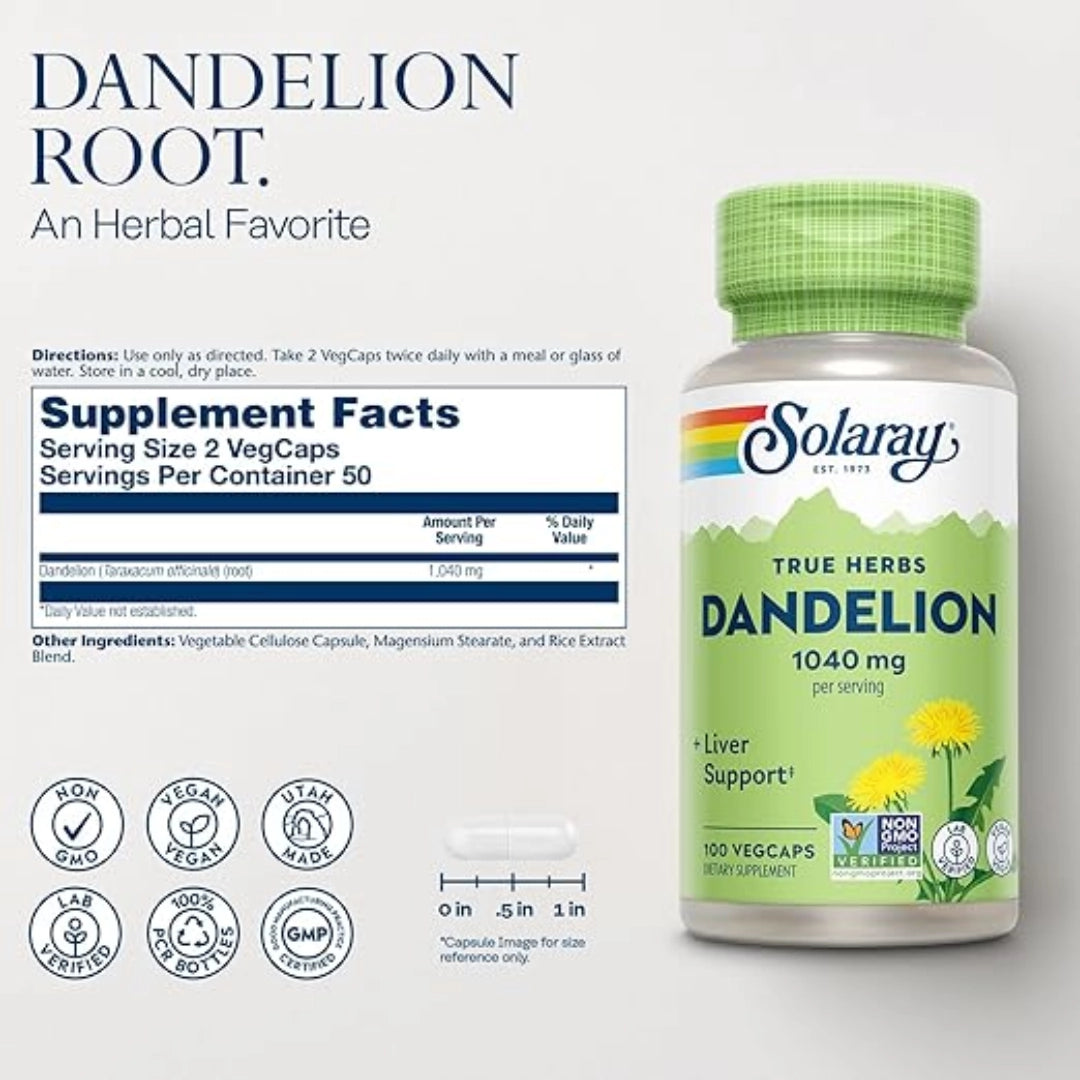 Solaray, True Herbs, Dandelion, 100 VegCaps (520 mg per Capsule)