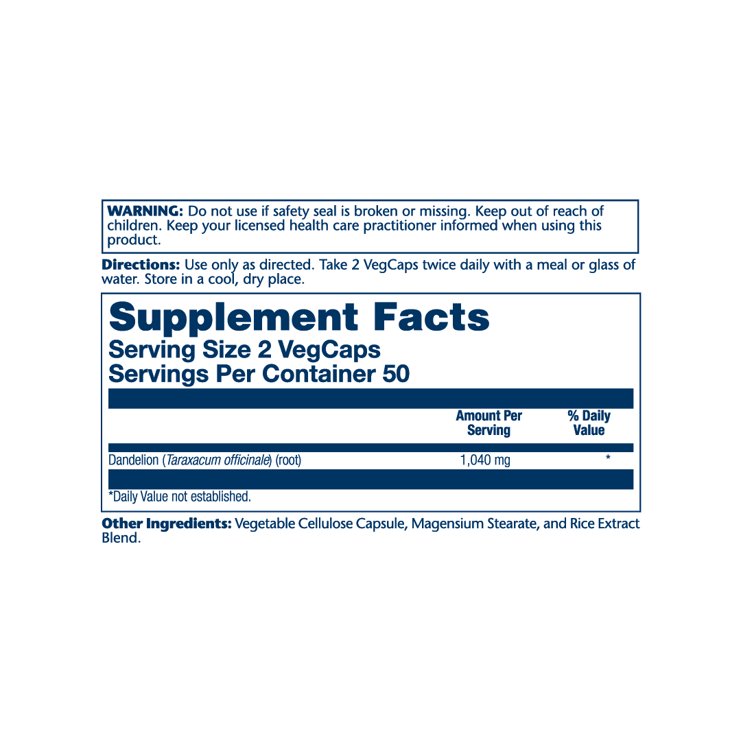 Solaray, True Herbs, Dandelion, 180 VegCaps (520 mg per Capsule) supplement facts label showing ingredients, vitamins, minerals, and serving information