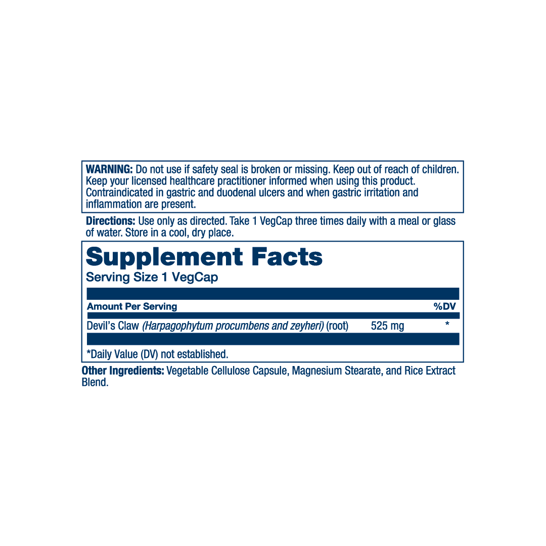 Solaray, Ture Herbs, Devil's Claw, 525 mg, 100 VegCaps supplement facts label showing ingredients, vitamins, minerals, and serving information
